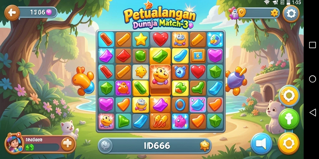 Screenshot utama IND666 menunjukkan gameplay Match-3 yang seru dan penuh warna.