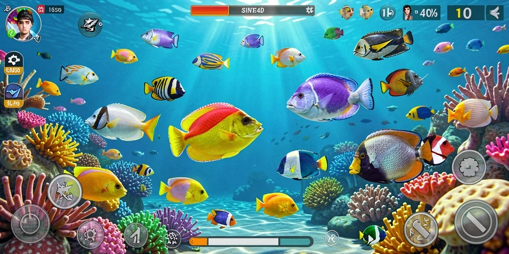 Screenshot gameplay SINTE4D yang menunjukkan serunya menembak ikan.